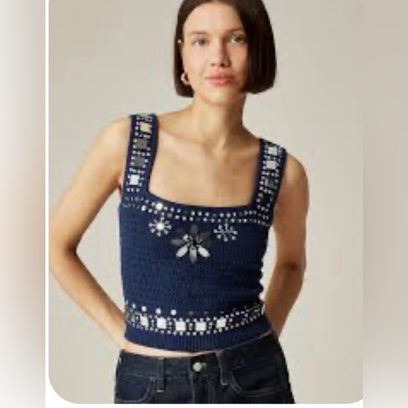 J. Crew Tops - J. Crew Sweater-tank Sz L  hand-embellished mirrors Navy Blue Crochet Floral Top
